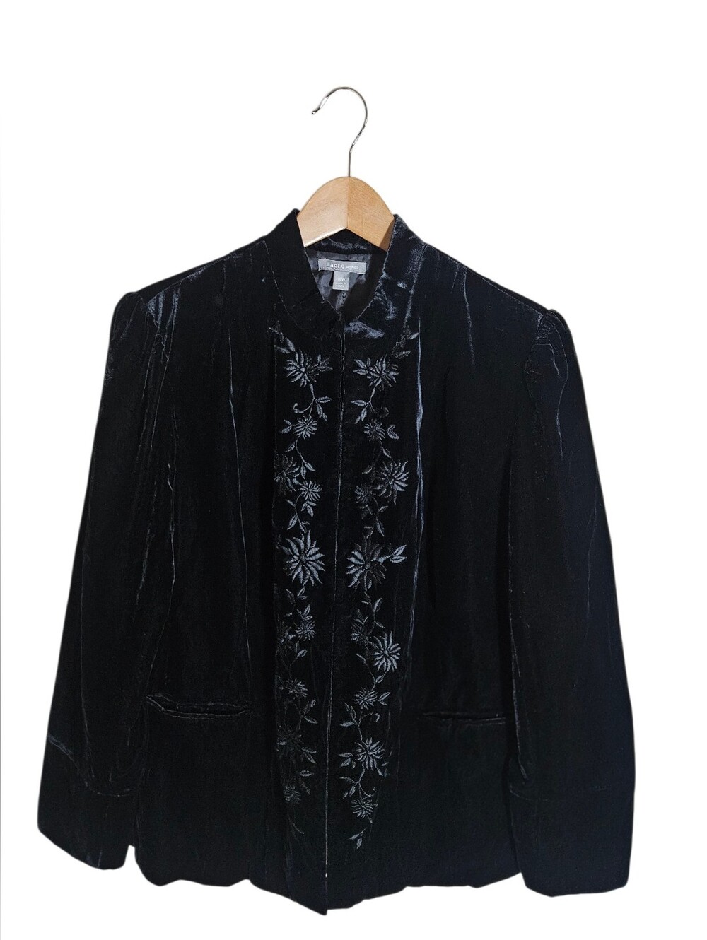 Apt 9. Womens Black Whimsigoth Madarin Collar Embroidered Velvet Blazer 18W